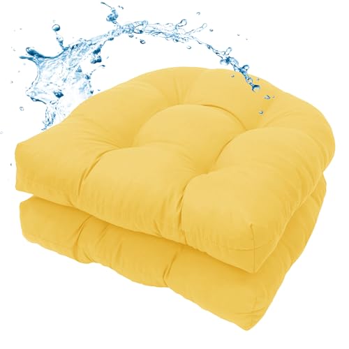 MTMR Outdoor Chair Cushions Set of 2 19x19 Waterproof Wicker Seat Cushions for Patio Furniture Tufted Outdoor Replacement Furniture Pad for Porch Lawn Wicker Desk Dining Rocking Chair Yellow