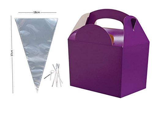 x10 Birthday Party Food Plate Boxes With Clear Sweet Cone Bags And Tie (Purple)