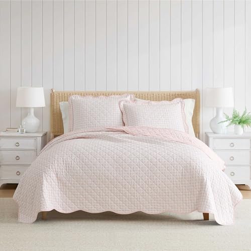 Image of Martha Stewart - King Quilt Set, 100% Soft & Breathable Bedding with a Lightweight Feel for Year Round Comfort, 3 Piece Bed Set with Matching Pillowcases (Olivia Gingham Pink)