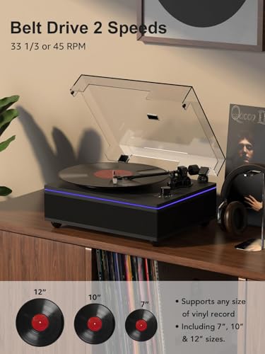 Image of Record Player with Built in Speakers Bluetooth 5.3 Turntable Belt Drive 2-Speed Turntables for Vinyl Records High Fidelity Records Player with Magnetic Cartridge AT-3600L, Cool Light Strip, Black