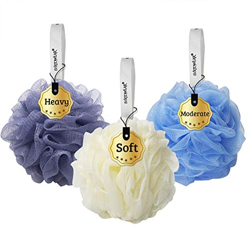 EvridWear Bath Pouf Ball Sponge Shower Bath Mesh Fluffy Full Body Scrub for Foaming Washing Cleansing Spa Exfoliating with 3 Levels Soft to Heavy, one Pack of 3 Colors/Levels