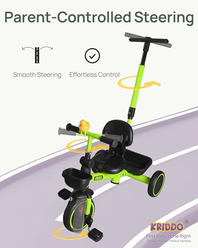 Image of KRIDDO 2-in-1 Tricycle for Toddlers 1.5-5 Years, Push Tricycle with Parent Steering & Detachable Handle, 9-Stage Adjustable Handlebar, Toddler Trike with Safety Belt, Clutch Pedals & Dual Baskets, GN