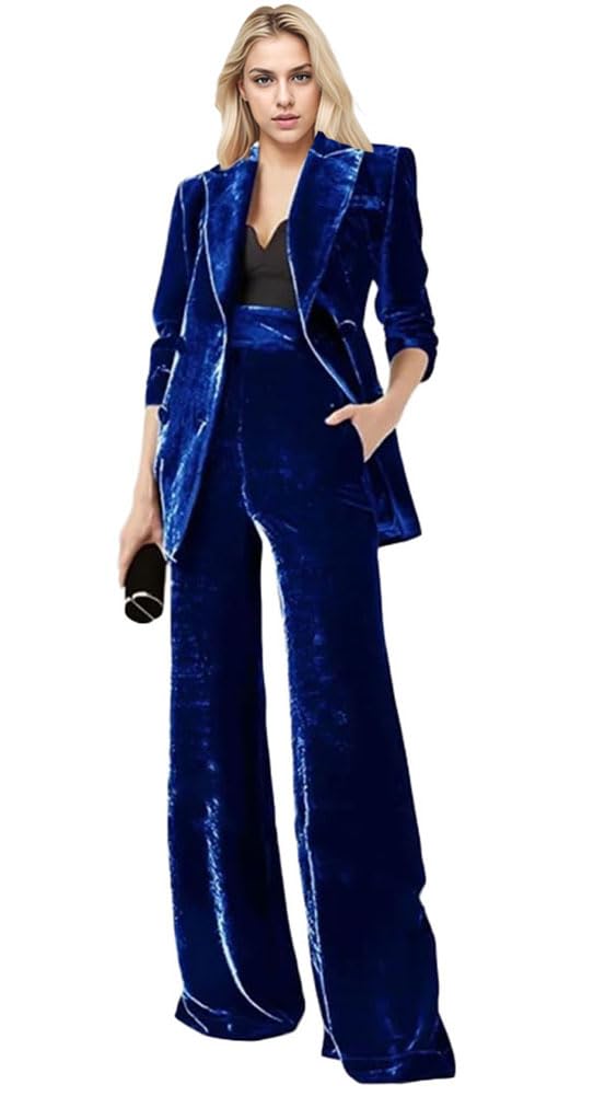 Botong Women's Royal Blue 2 Piece Velvet Office Work Suit - Notch Lapel Double Breasted Blazer And Pants Set, Large
