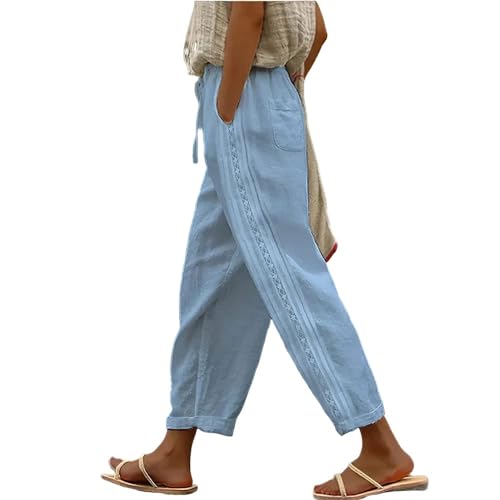 Womens Casual Summer Linen Pants Straight Leg Crop Pants Elastic Waist Loose Comfy Trousers with Pockets