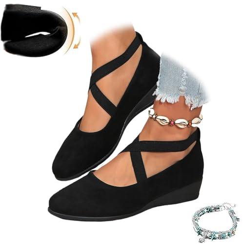 Women's Crisscross Strap Wedge Shoes,Womens Round Toe Ballet Wedge Dress Shoe Elegant Suede Comfy Slip-On Shoes