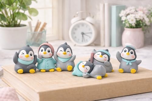 Image of Cute Penguin Miniature Figurines Set of 6 for Home Decor, Car Dashboard & Office Desk Decoration, Resin Decorative Showpieces, Gift Item for Kids, Couples & Friends (Set of 6)