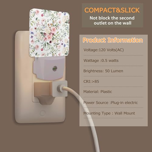 Image of Spring Flower Night Light,Pink Rose Eucalyptus Leave Night Lights Plug into Wall with Dusk to Dawn Light Sensors Nightlights for Bedroom Bathroom Hallway Kitchen Gifts Ideal for Girls Women