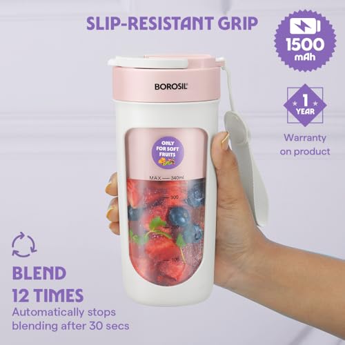 Image of Borosil NutriSip Pink Portable Blender | 40W Low-Noise DC Motor | 340ml Unbreakable PC Jar | USB Rechargeable | Turbo 6 Blade Action | Smoothies, Shakes, Soft Fruit, Protein Mix | 1 Year Warranty