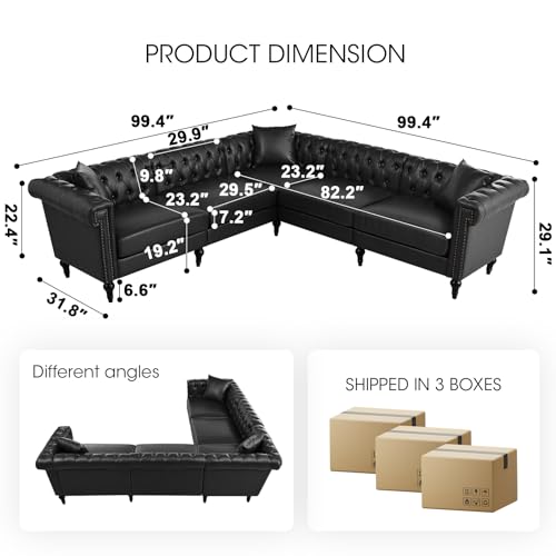 Image of 99.4 Inch 5 Seat L Shaped Couch Faux Leather Sectional Couch with Three Pillows Chesterfield L Shaped Sofa PU Leather Sectional Couches for Living Room Black