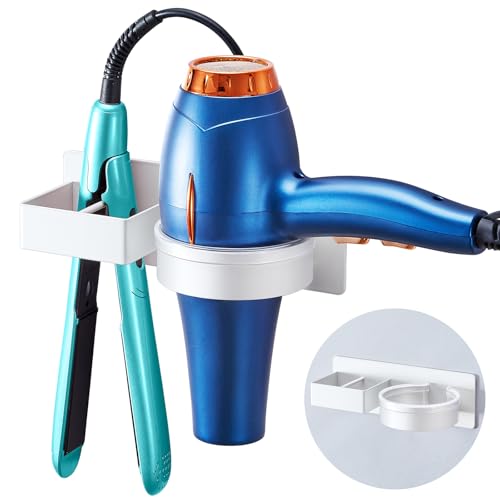 YYBO Fönhalter Ohne Bohren, Glätteisen Halterung, Föhn Halterung für Haartrockner und Glätteisen, Föhnhalter Wand, Haartrocknerhalter Wandhalterung, Selbstklebend Fönhalterung für Bad Hotel (Weiß) 1