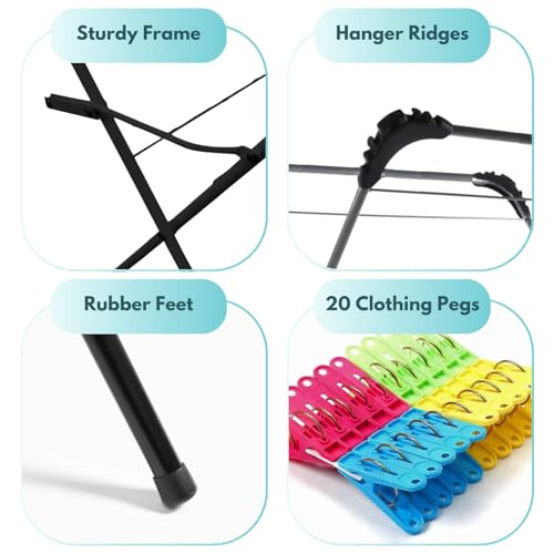 Marco Paul 3-Tier Foldable Clothes Airer with 20 Pegs - Heavy Duty Indoor/Outdoor Laundry Drying Rack, Non-Slip & Space-Saving Design - Image 6
