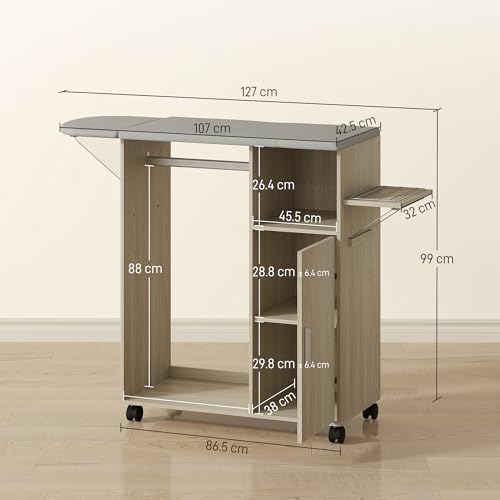 Homcom Mobile Asse Da Stiro Pieghevole Con Ruote A Freno E Portaferro Da Stiro, Mobile Da Stiro Multiuso Con Barra Appendiabiti, Ripiani Regolabili, Per Lavanderia, Bagno, 127X42.5X99 Cm, Color Legno - 7