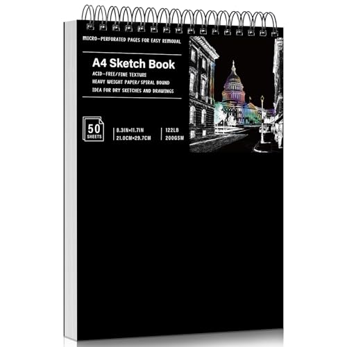 A4 Sketchbook Hardcover Spiral Bound 200gsm Thick Paper Drawing Pad 50 Sheets/100 Pages Drawing Book Sketch Pad for Artists Art Projects Ideal for Sketching Pencil & Charcoal