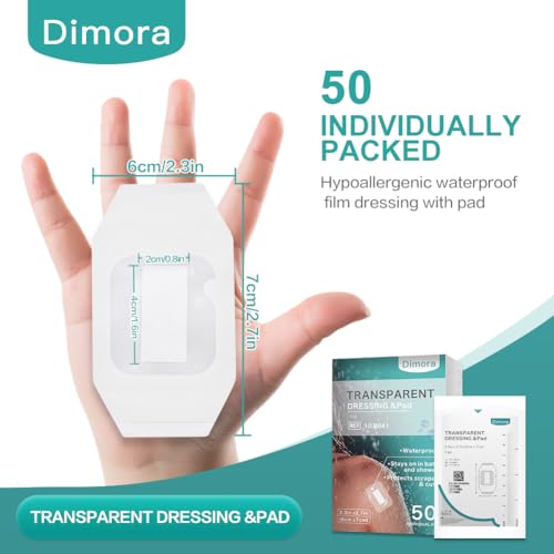 Image of Dimora Transparent Film Dressing with Pad 50 Pack, 2.3 inchx2.7 inch Waterproof Adhesive Bandages Post Surgical Wound Cover Barrier Film