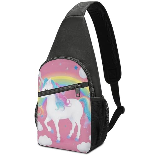 Versatile Unisex Rainbow Cloud Pink Unicorns Cute Crossbody Bag, 15.4×8.3×3.5 Inch Chest Pack with Breathable Shoulder Strap and Mesh Side Pockets, Portable Sling Backpack