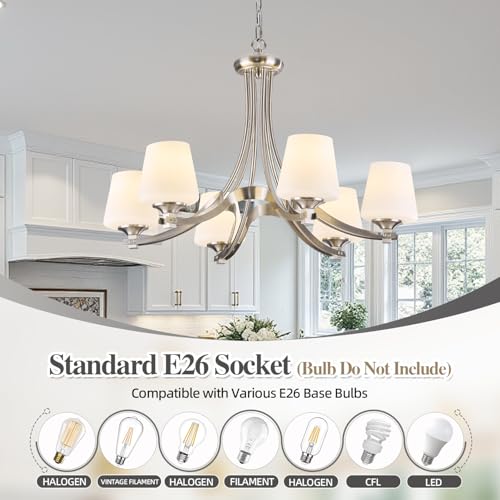 Image of 6-Light Brushed Nickel Chandeliers for Dining Room with Frosted Glass 47.2 inch Adjustable Silver Pendant Ceiling Lighting Rustic Vintage Hanging Lamp for Farmhouse Kitchen Island Dining Table Living Room