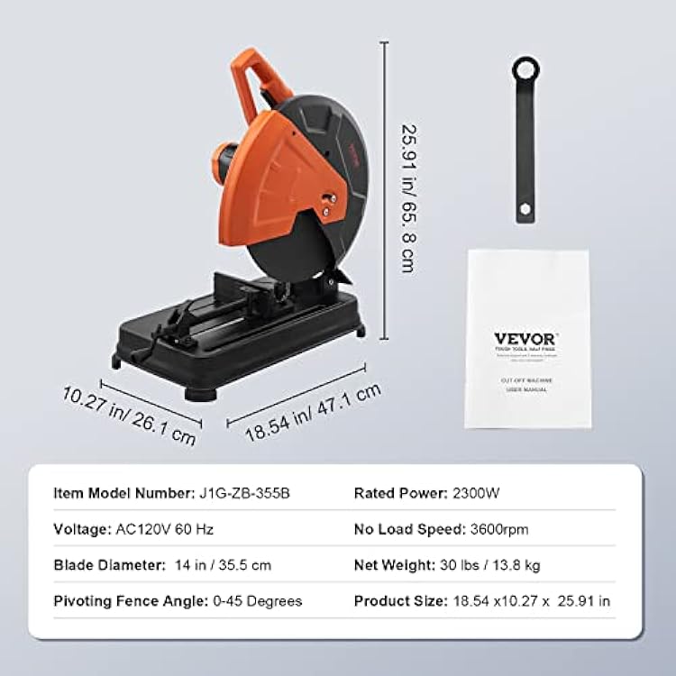 VEVOR منشار فرم جلخ، 14 355 mm بليد، 2300 W 3600 RPM آلة قطع الصلب، 0-45 زاوية قابلة للتعديل ميتري المنشار للمعادن/الحاجب/الحديد/الألومنيوم
