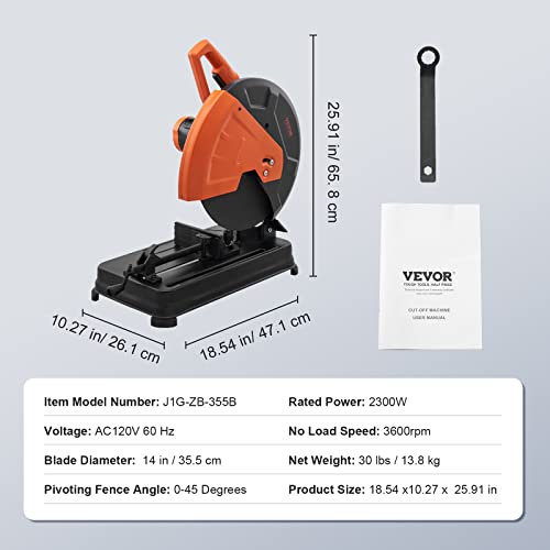 Image of VEVOR Abrasive Chop Saw, 14in / 35cm Blade, 2300W 3600RPM Steel Cutting Machine, 0-45Degrees Adjustable Angle Miter Saw for Cutting Metal, Rebar, Iron, Aluminum - Black