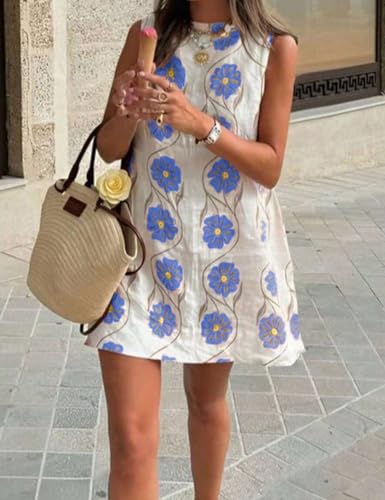 Image of Womens Summer Floral Print Mini Dress Romantic Sleeveless Shift Short Dress Vacation Fairy Dresses