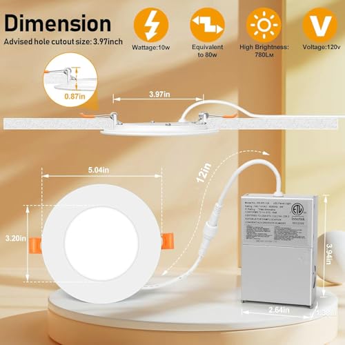 FORT 12 Pack 4inch 5CCT LED Recessed Slim Pot Lights,780LM 9W 2700K/3000K/4000K/5000K/6000K Selectable, Dimmable and IC-Rated led Ceiling Lights, encastrer led 4 po Blanc,cETL Energy Star Listed by FORT - Image 4