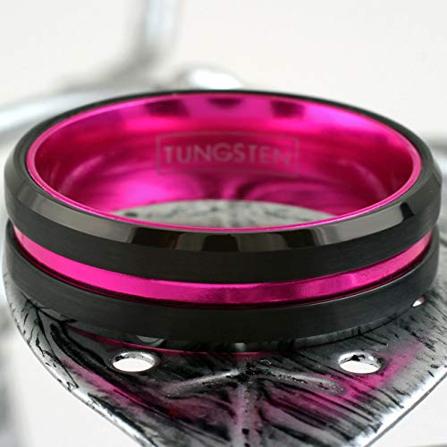 Engraved Personalized 6/8Mm Black Tungsten Carbide Wedding Band W/Hot Pink Stripe & Hot Pink Anodized Aluminum Inner Band. (Tungsten (6Mm), 7) #TOP4