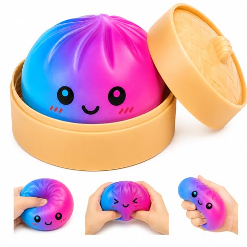 Blue Pink Dumpling Squishies, Colorful Squishies Dumplings, Soft Squeeze Desk Toy for Stress Relief, Surprise Bun Bao with Steamer Box, Fun Squi-shys Fidget Sensory Dumpling Toy Gift