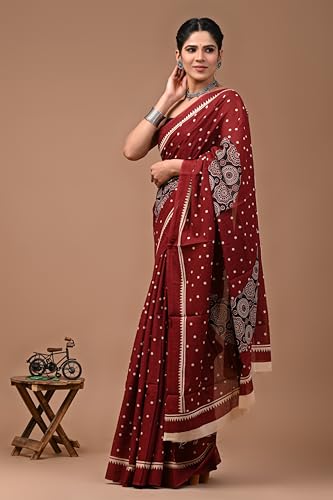 Image of Crafts Moda Hand Block Ajrakh Print Cotton Saree for women with Blouse | Soft comfortable wear sari