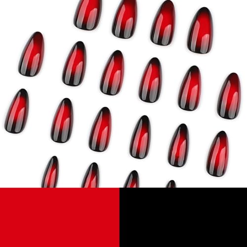 Image of Red Press on Nails Black Ombre Fake Nails Medium Almond False Nail Glossy Full Cover Glue on Nail Artificial Acrylic Dark Stick on Nail for Women Girls Christmas Manicure 24Pcs