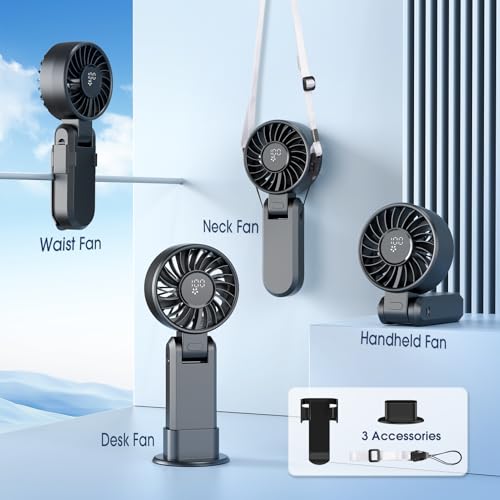 Image of 【5200mAh】Portable Handheld Fans for Travel, High-Speed Motor, Rechargeable Hand Held Fan, 5 Speed,180Foldable, Small Personal Fan,4-IN-1 Hand /Desk /Waist /Neck Fans,Summer Beach Travel Essentials