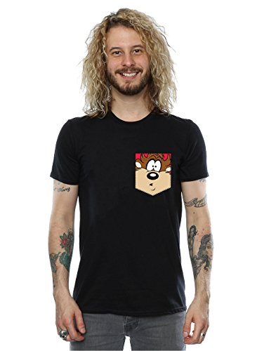 LOONEY TUNES Men's Tasmanian Devil Face Faux Pocket T-Shirt Medium Black