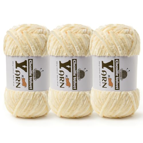 Image of 3 Pack Plush Chenille Chunky Yarn - Fluffy Velvet Yarn Crochet for Blanket Knitting and Crocheting - Soft Baby Yarns for Crocheting - Amigurumi Crochet Yarns 100g (87yds) (3 Milky White)