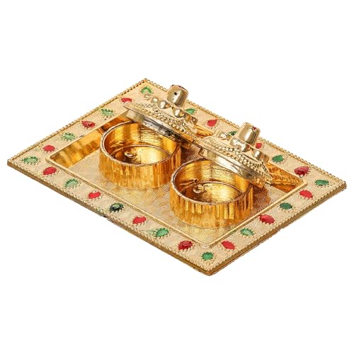 Image of eCraftIndia Golden Decorative Roli Chawal /Rice Holder, Akshata Haldi Kumkum Holder, Kankavati Pooja Items for Home Puja Mandir Temple- Gift for Diwali Navaratri- Diwali Decoration Items For Home Decor