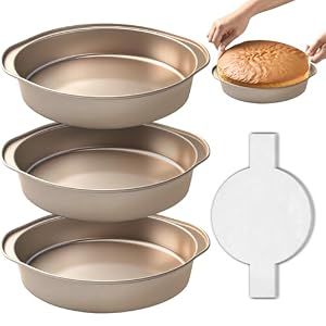 8 Inch Cake Pans, 3PCS Nonstick Round Baking Pans with 50PCS Parchment Papers, Durable Birthday Circle Cake Baking Pan with Handle for Multi-Layer Cakes, Dishwasher Safe (Gold, 8 inch)
