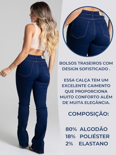 Calça Jeans Feminina Flare Sawary Bootcut Boca de Sino Lycra Elastano Original Moda Feminina (BR, Ci