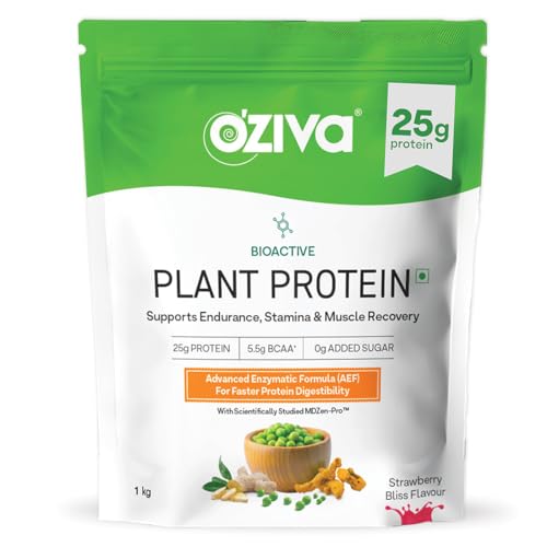 Image of OZiva Bioactive Plant Protein (Strawberry), 1kg | 25g Protein,5.5 BCAA| Pea Isolate| Plant based Protein Powder for Women & Men | Essential Amino Acids| Vegan Protein supplement, Clean, Sugar free