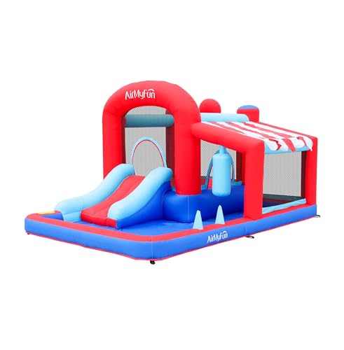 AirMyFun Inflatable Water Slide Bounce House with Long Curved Slide for Kids with Blower, Family Backyard Bouncy Castle with Fun Doorway Tunnel, Climbing Wall and Ball Shooting (Classics)