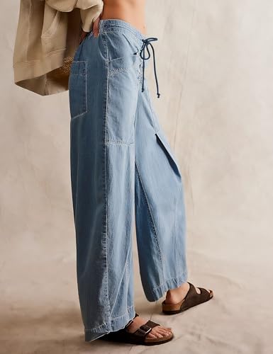 TQD Wide Leg Barrel Jeans for Women Trendy 2025 Mid Rise Baggy Boyfriend Y2K Drawstring Denim Pants with Pockets Relaxed Fit3