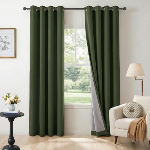 Image of Linen Textured Total Blackout Curtains 90 Inches Long, Loden | 100% Blackout Shield Grommet Blackout Curtains for Bedroom, Thermal Insulated Drapes for Living Room, 50 inchW x 90 inchL, 2 Panels