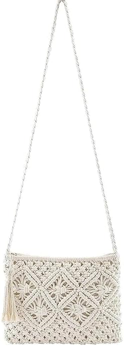 PARAH Women Macrame Shoulder Bag, Knitting Handmade Weaving Handbag, Simple Hollow Beach Bag,White - Size: Width 25 cm x Length 20 cm Off White COLOR