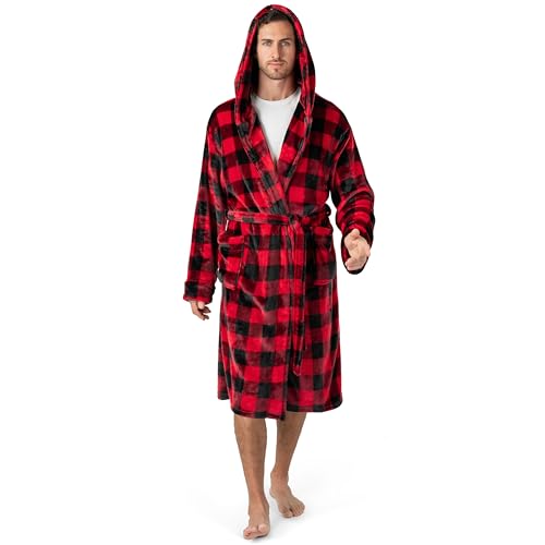 PAVILIA Mens Robe, Hooded Fleece Bathrobe for Men, Plush Long Warm Robe for Male Bath Spa