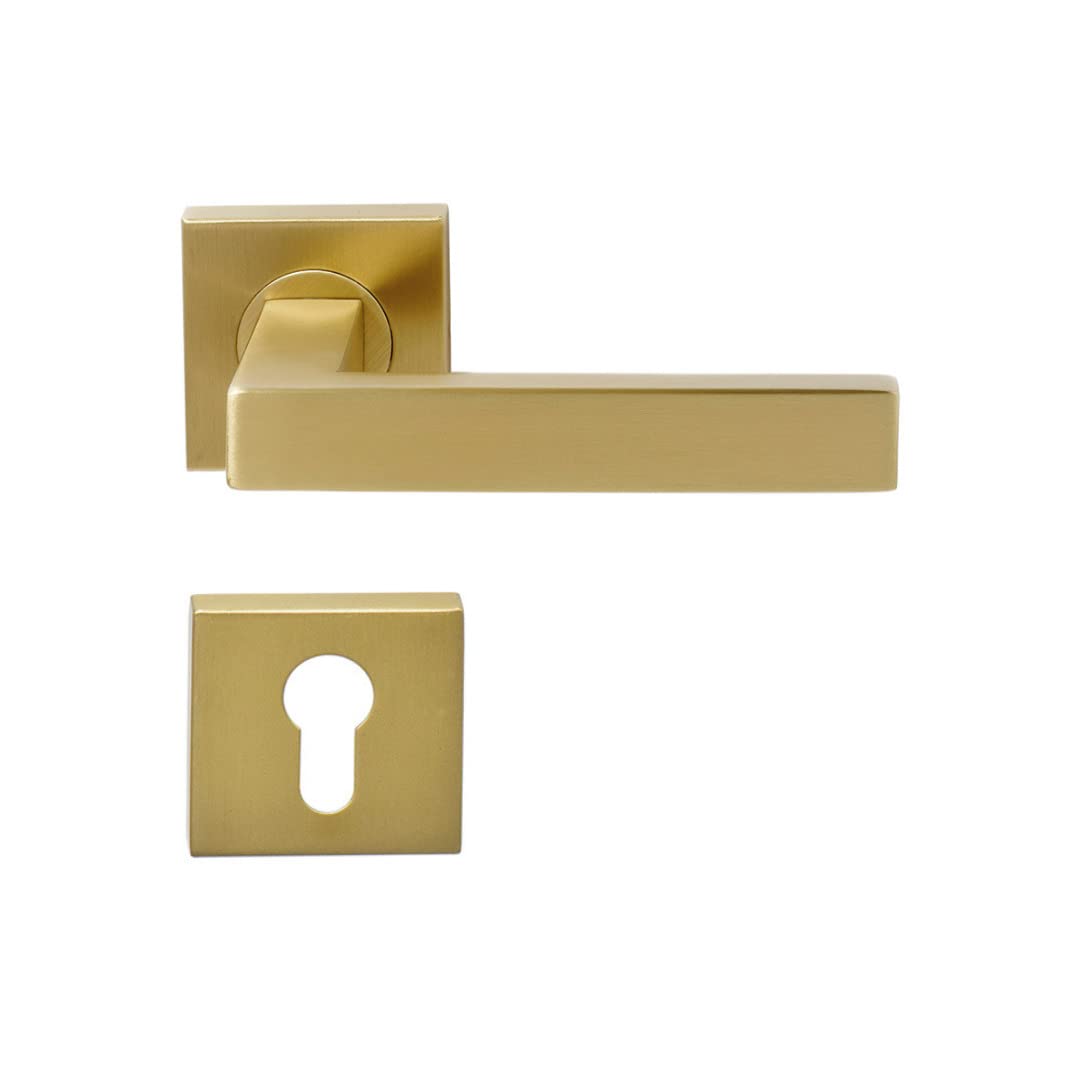 Béquille Yquem Or Satiné PVD avec rosace cylindre pour serrure de porte