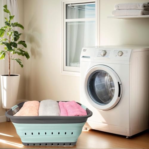 Image of SAMMART 42 (11 Gallons) Collapsible Plastic Laundry Basket, Foldable Pop Up Storage Container /Organizer, Space Saving Hamper, Portable Bin for Dorm Room Bathroom (1, Grey /Lake Green)