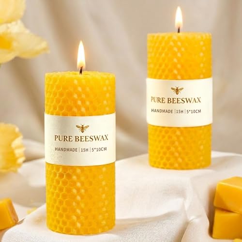 2Pcs Beeswax Pillar Candles Natural Paraffin-Free Handmade Candles Pure Organic Beeswax 15 Hour Perfect for Relaxation and Ambiance-4.5cm W x10cm H