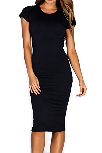 ICONOFLASH Women's Plus Size Black Short Sleeve Midi Bodycon Dress - Crew Neck Fitted Dress X-Large
