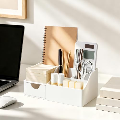 HBlife Acrylic Desk Organizer with Drawer, Pen & Pencil Holder, Multifunctional Desktop Caddy for Office Supply and Organization (White) - Image 5