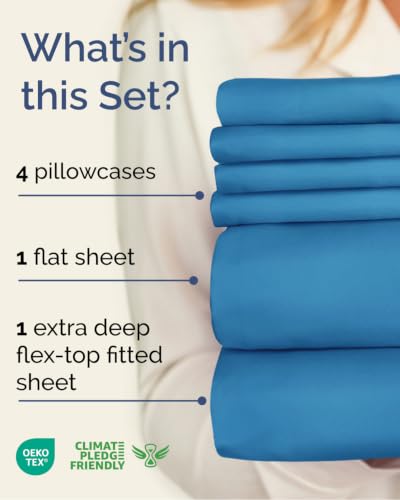 Image of Flex Top Split Head King 6 Piece Sheet Set - Soft & Cooling - Denim Blue | Ultra Soft Hotel Luxury Bedding Set w / 8-16 Inch Deep Pockets, 1 Flat & 1 Split-Head Fitted Sheet & 4 Pillowcases, Fade Free