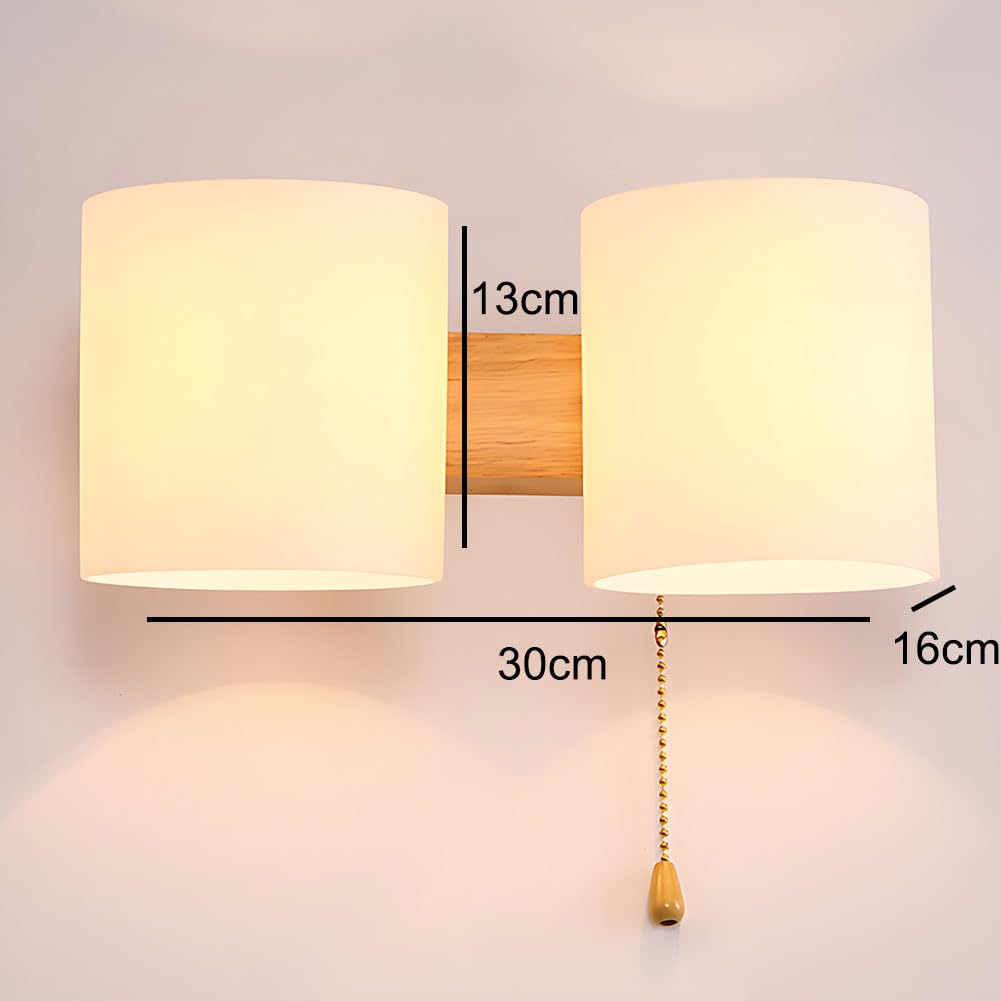 Holz Wandlampe Glasschirm mit Zugschalter 2 Flammig Innen Wandlichte mit Schalter Runde Schlafzimmer Nachttischlampe Glas Lampenschirm Wandleuchte Moderne E27 für Treppe Flur Wohnzimmer