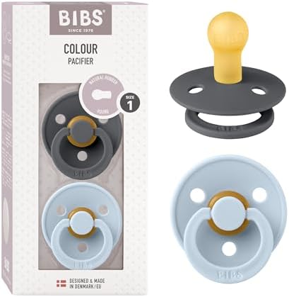 BIBS Pacifiers Colour Collection | Natural Rubber Baby Pacifier | Set of 2 BPA-Free Soothers | Made in Denmark | 0+ Months (Pack of 2) | Baby Blue/Iron