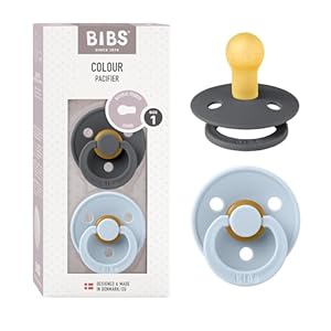 BIBS Colour Schnuller 2er-Pack, BPA-frei, Kirschform Nippel. Naturkautschuk/Latex, Hergestellt in Dänemark. Größe 1 | 0+ Monate | 2-Pack, Iron/Baby Blue