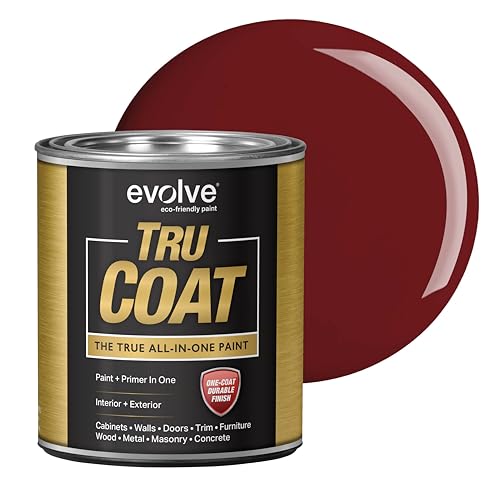 EVOLVE Tru Coat All-In-One Paint & Primer, Quart, Semi-Gloss Burgundy – Interior/Exterior, One Coat Durable Multi-Surface Paint for Cabinets, Furniture, Walls & Doors